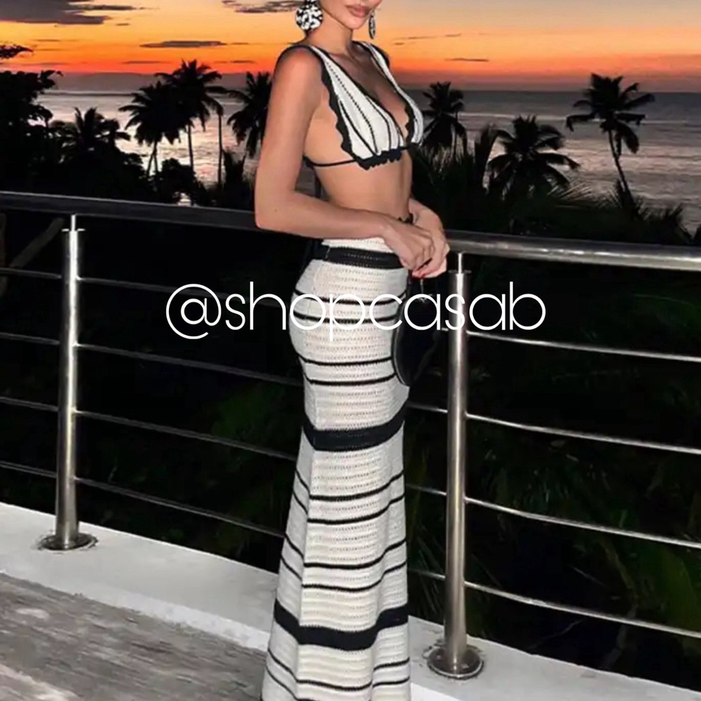 NEW! to CASA B💫| Mirabella Triangle Top & Midi Skirt Knit Set in Ivory/ black